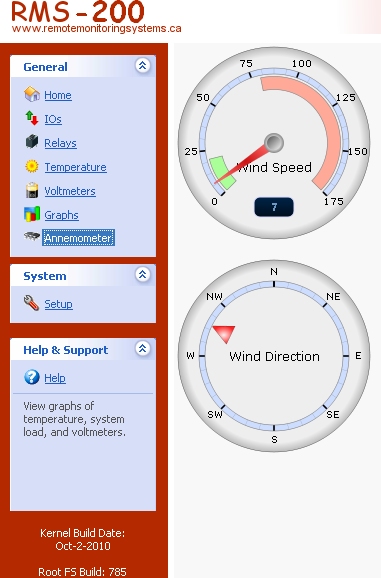 RMS-200 anemometer screen shot.