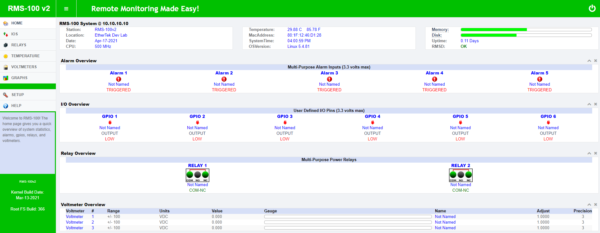 RMS-100v2 home page.